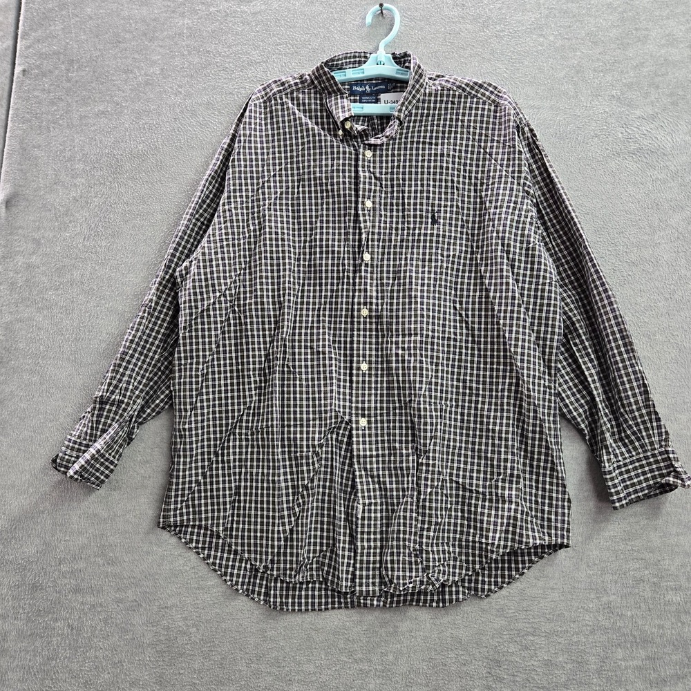 VINTAGE Ralph Lauren‎ Men Button Up Shirt 17.5 Green Plaid Yarmouth Long Sleeve